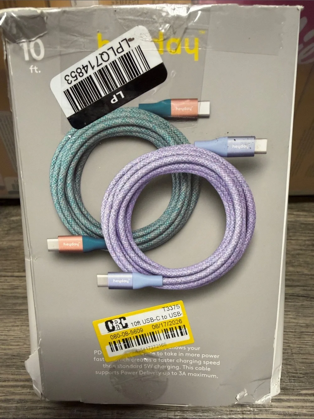 heyday 2-Pack USB-C to USB-C Charging Cables — Teal & Lavender 10 ft